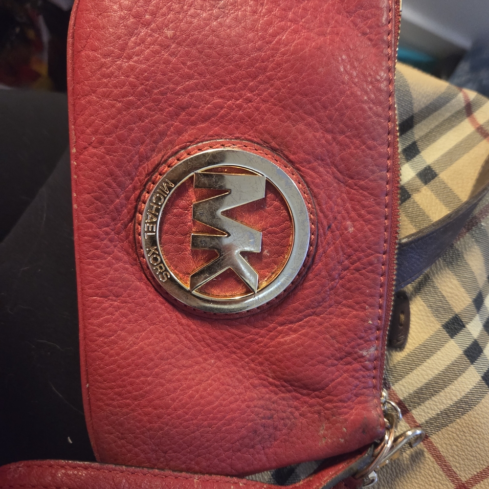 Michael Kors Red Pebbled Leather Wristlet with Silver MK Logo